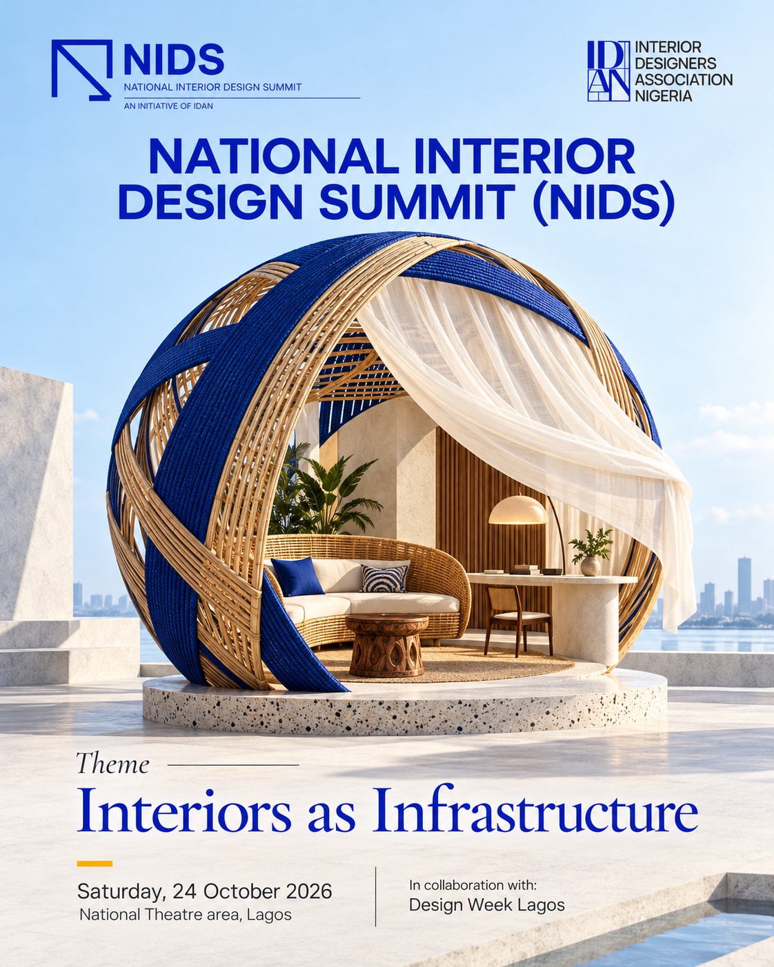 National Interior Design Summit poster: a woven sphere interior, theme Interiors as Infrastructure